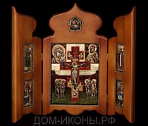 Икона-складень "Св. Распятие" со свв: Иоанн, Радонеж, Ольга, Иоанн и Троицей в навершии (Б+З.М+З+Ю)
