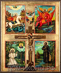 Икона четырехчастная "Св. Распятие" со свв. образами Георгия, Михаила, Серафима, Симеона