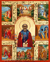 Икона "Св. Преподобный Сергий Радонежский" со сценами жития в клеймах (Л.С.17*21.ПА)